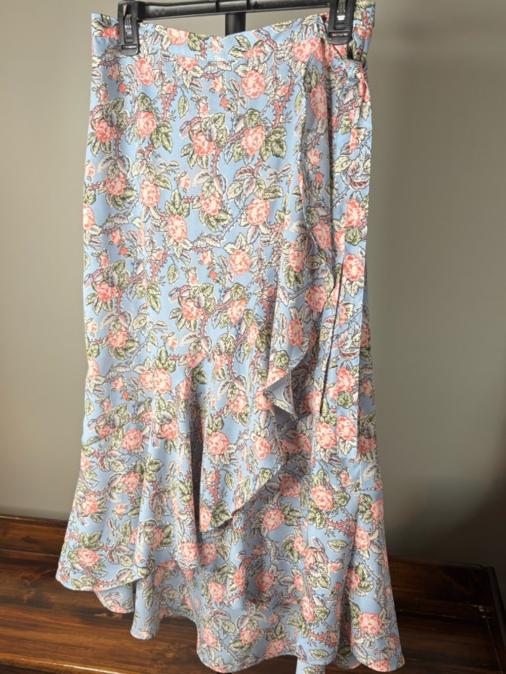 Max Studio Floral Ruffle Midi Skirt - Blue with Pink Floral